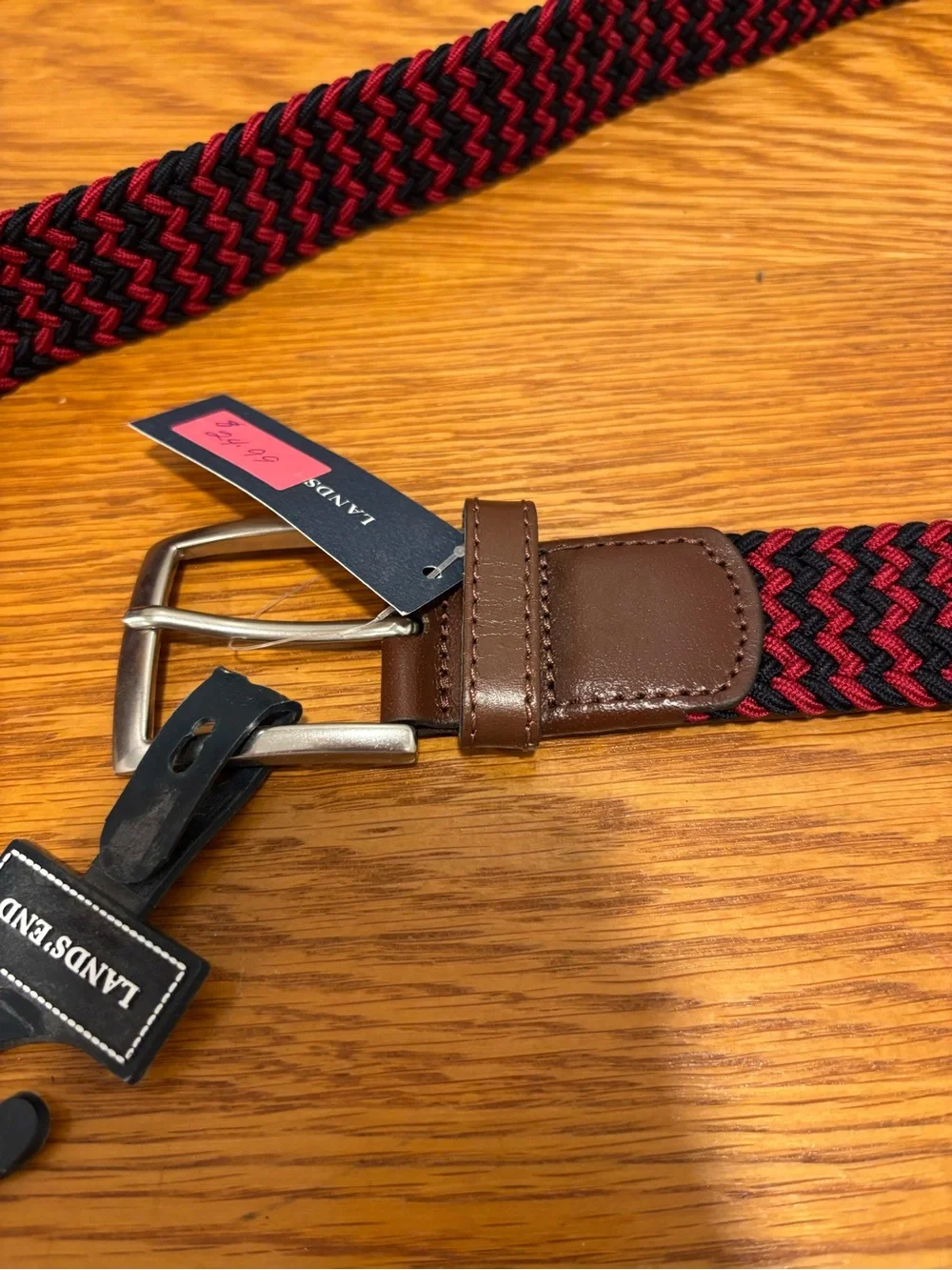 Lands' End Red and Black Braided Elastic Belt with Leather Trim